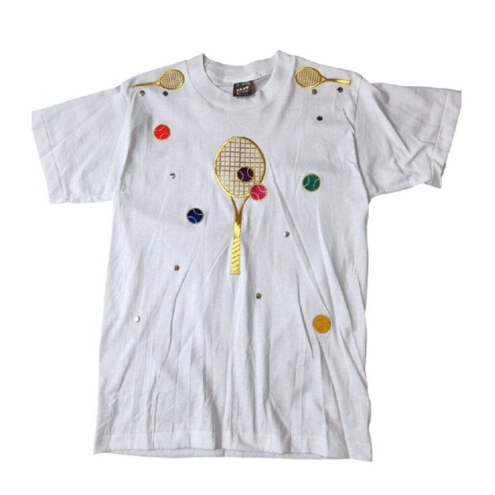 Vintage Tennis‎ Theme Embroidered Tee White Beaded Graphic T Shirt Medium 80s